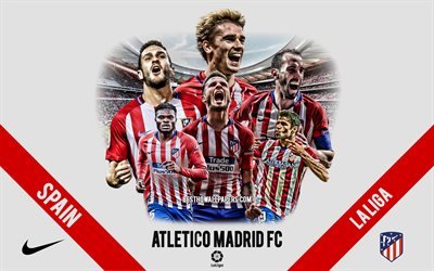 Atletico Madrid FC, Spanish football club, football players, leaders, Atletico Madrid logo, emblem, La Liga, Madrid, Spain, creative art, football, Antoine Griezmann, Diego Godin