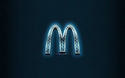 McDonalds cam logosu, mavi arka plan, sanat, McDonalds, markalar, McDonalds eşkenar logo, yaratıcı, McDonalds logosu