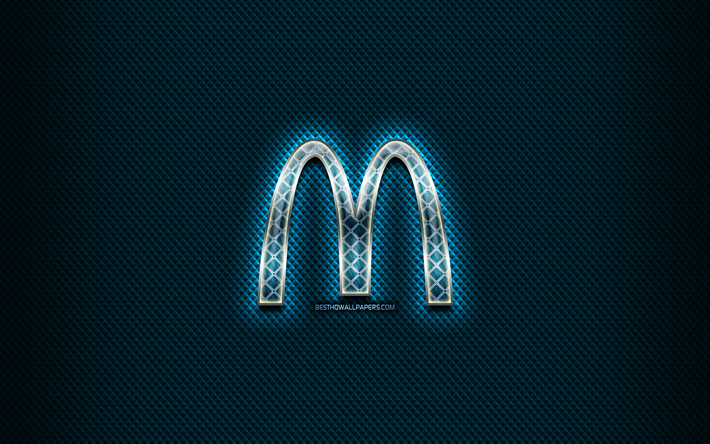 マクドナルドガラスのロゴ, 青色の背景, 作品, マクドナルド, ブランド, マクドナルド菱形マーク, 創造, マクドナルドロゴ