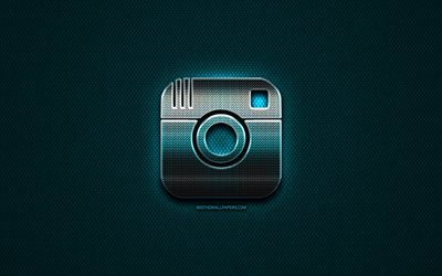 Instagram logo glitter, creativo, blu, metallo, sfondo, Instagram logo, marchi, Instagram