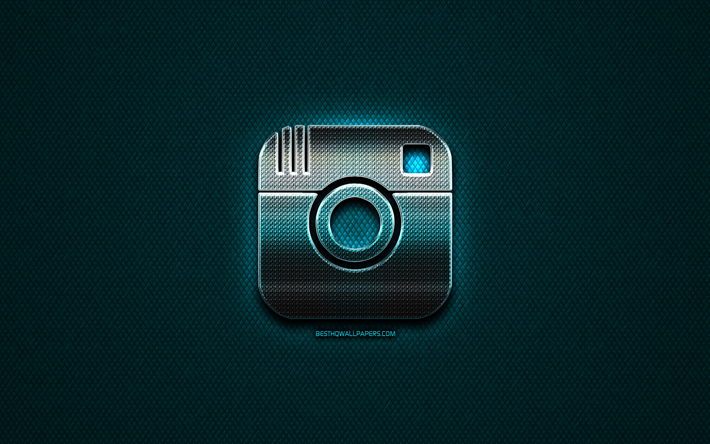 Instagram glitter logo, creative, blue metal background, Instagram logo, brands, Instagram