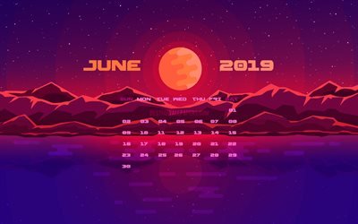 Juin 2019 Calendrier, 4k, de nuit, juin 2019 calendrier, lune, cr&#233;atif, juin 2019 avec calendrier lune, Calendrier juin 2019, juin 2019, 2019 calendriers