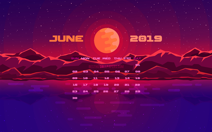 juni 2019 kalender, 4k, nightscape, 2019 juni kalender, mond, kreative, juni 2019 kalender mit mond -, kalender-juni 2019 juni 2019, 2019 kalender