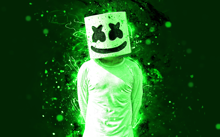 DJ Marshmello, 4k, 光と緑のネオン, アメリカのDJ, ファンアート, クリストファー-Comstock, Marshmello4K, 作品, superstars, 創造, Marshmello, Dj