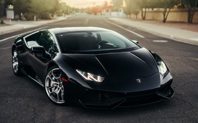 Lamborghini Huracan, noir supercar, vue de face, noir nouvelle Huracan, noir coup&#233; sport, Lamborghini