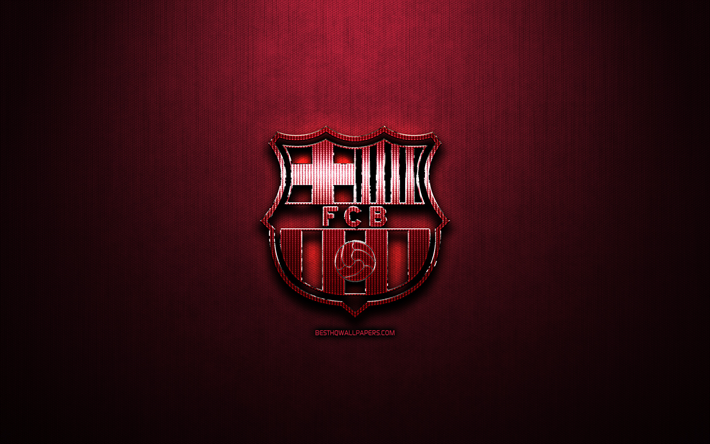 barcelona fc, lila-metallic hintergrund, la liga, fcb, spanische fu&#223;ball-club, fan-kunst, barcelona logo, laliga fu&#223;ball, fussball, fc barcelona, spanien