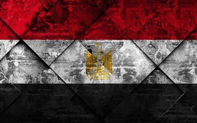Flaggan i Egypten, 4k, grunge konst, rhombus grunge textur, Egyptisk flagga, Afrika, nationella symboler, Egypten, kreativ konst