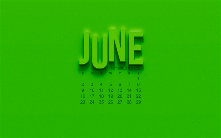 Junho 2019 Calend&#225;rio, verde arte 3d, parede verde textura, Ver&#227;o de 2019, verde 3D letras, calend&#225;rio de junho 2019, 2019 calend&#225;rios, arte criativa