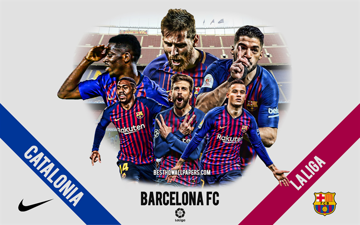 FC Barcelona, Katalonian football club, jalkapalloilijat, johtajat, Barcelonan logo, tunnus, Liiga, Barcelona, Katalonia, Espanja, creative art, jalkapallo, Lionel Messi, Philippe Coutinho, Luis Suarez