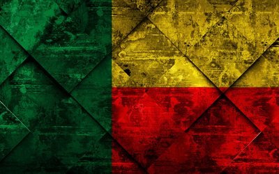 Benin bayrak, 4k, grunge sanat, rhombus grunge doku, Afrika, Ulusal semboller, Benin, yaratıcı sanat