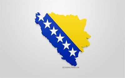 Bosna-Hersek 3d bayrak, Bosna-Hersek haritası siluet, 3d sanat, Avrupa, Bosna-Hersek, coğrafya, Bosna-Hersek 3d siluet