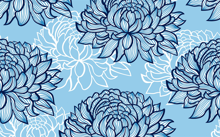 blaue retro-blumen-textur, retro-floralen hintergrund, blauer hintergrund mit blauen blumen, retro textur