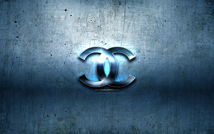 chanel metall-logo, blau metall-hintergrund, die grafik, chanel, marken, 3d-logo, kreativ, chanel-logo