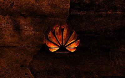 Huawei fiery logo, orange stone background, Huawei, creative, Huawei logo, brands
