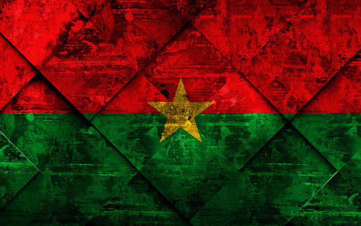 Burkina Faso bayrağı, 4k, grunge sanat, rhombus grunge doku, Afrika, Ulusal semboller, Burkina Faso, yaratıcı sanat