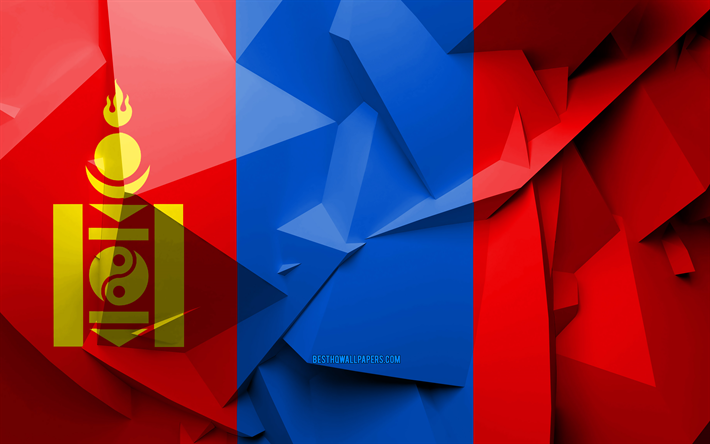 4k, Flag of Mongolia, geometric art, Asian countries, Mongolian flag, creative, Mongolia, Asia, Mongolia 3D flag, national symbols