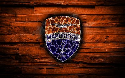 Mariupol FC, burning logo, Ukrainian Premier League, orange wooden background, ukrainian football club, UPL, Mariupol, grunge, football, soccer, Mariupol logo, Ukraine
