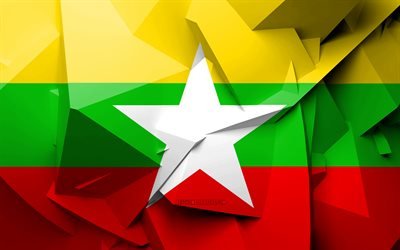4k, Flaggan i Myanmar, geometriska art, Asiatiska l&#228;nder, Myanmar flagga, kreativa, Myanmar, Asien, Myanmar 3D-flagga, nationella symboler