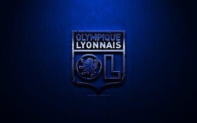 L&#39;Olympique Lyonnais FC, blu, metallo, sfondo, League 1 inglese club di calcio, fan art, Olympique Lyonnais, logo, calcio, Lione FC, Francia