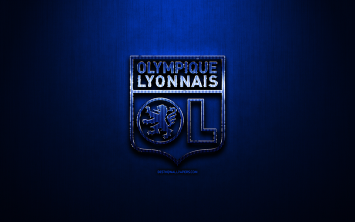 Olympique Lyonnais FC, blue metal background, Ligue 1, french football club, fan art, Olympique Lyonnais logo, football, soccer, Lyon FC, France
