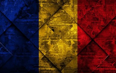 Flaggan i Tchad, 4k, grunge konst, rhombus grunge textur, Tchads flagga, Afrika, nationella symboler, Tchad, kreativ konst