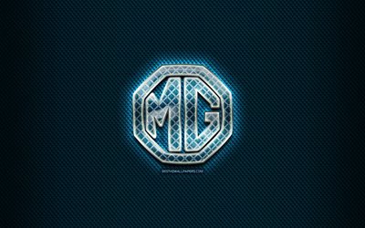 MG logo di vetro, sfondo blu, marchi automobilistici, opere d&#39;arte, MG, marche, MG rombico logo, creativo, MG logo
