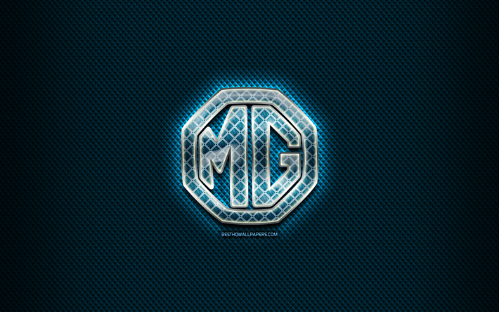 MG glass logo, blue background, automotive brands, artwork, MG, brands, MG rhombic logo, creative, MG logo