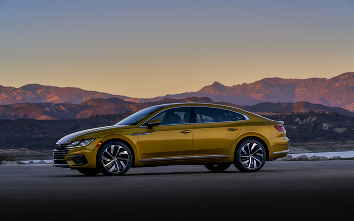 Volkswagen Arteon, 2019, side view, new golden Arteon, sedan, exterior, german cars, Volkswagen