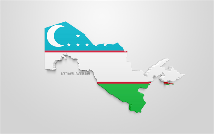 3d-flagga i Uzbekistan, karta silhuetten av Uzbekistan, 3d-konst, Uzbekistan flagga, Europa, Uzbekistan, geografi, Uzbekistan 3d siluett