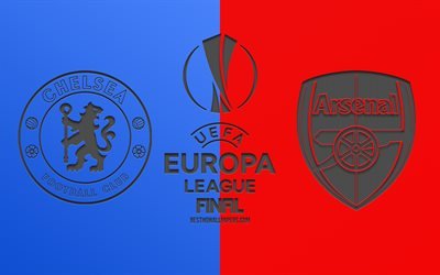 Chelsea FC vs Arsenal FC, 2019 UEFA Avrupa Ligi, Final, kırmızı-mavi arka plan, logolar, karbon doku, promo, futbol ma&#231;ı, yaratıcı sanat, Chelsea vs Arsenal, futbol