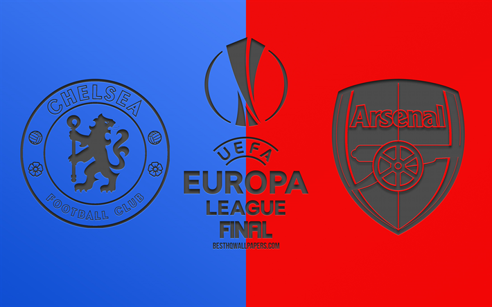 Chelsea FC vs Arsenal FC, 2019 de la UEFA Europa League, en Definitiva, de color rojo con fondo azul, logotipos, textura de carbono, promo, partido de f&#250;tbol, arte creativo, Chelsea vs Arsenal, el f&#250;tbol