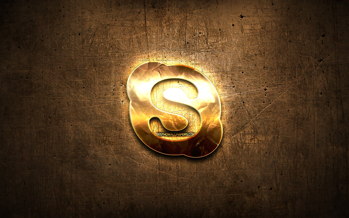 Skype golden logo, artwork, brown metal background, creative, Skype logo, brands, Skype