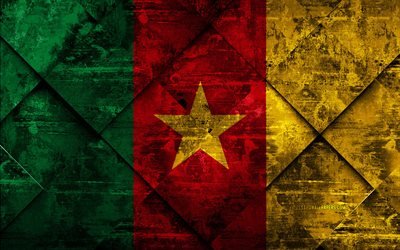 Flaggan i Kamerun, 4k, grunge konst, rhombus grunge textur, Kamerun flagga, Afrika, nationella symboler, Kamerun, kreativ konst
