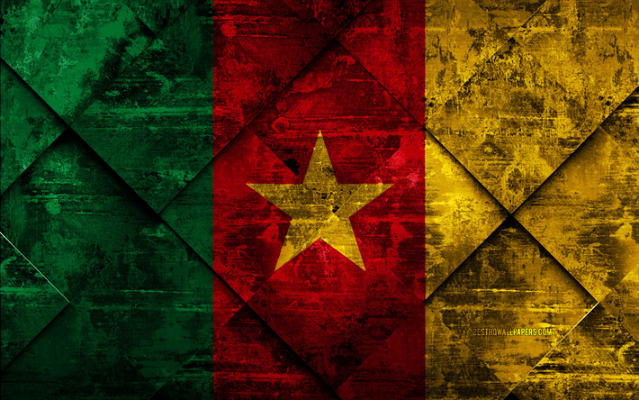 flagge von kamerun, 4k, grunge, kunst, rhombus grunge-textur, kamerun flagge, afrika, nationale symbole, kamerun, kreative kunst