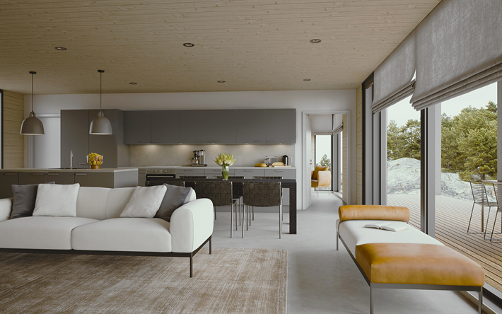 interior elegante da sala de estar, estilo loft, m&#225;rmore branco de fundo, de madeira, luz de teto, casa de campo, um design interior moderno