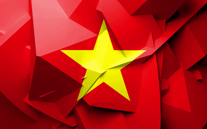 4k, Flaggan i Vietnam, geometriska art, Asiatiska l&#228;nder, Vietnamesiska flaggan, kreativa, Vietnam, Asien, Vietnam 3D-flagga, nationella symboler