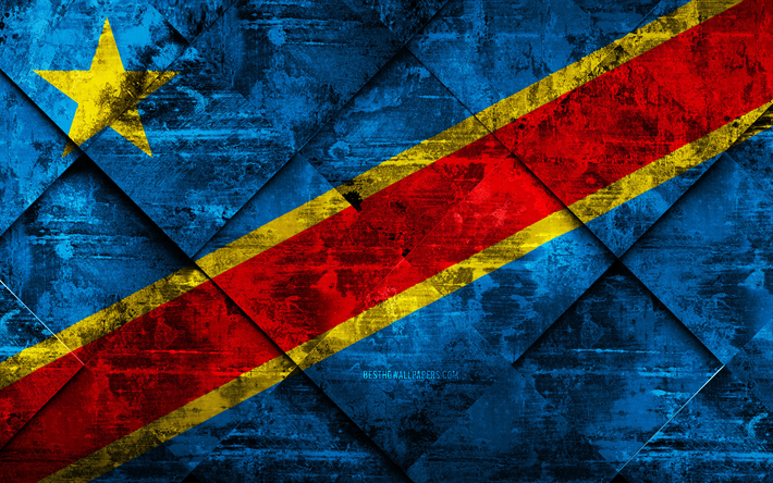 Bandera de la Rep&#250;blica Democr&#225;tica del Congo, 4k, grunge arte, rombo grunge textura, de &#193;frica, de los s&#237;mbolos nacionales de la Rep&#250;blica Democr&#225;tica del Congo, arte creativo