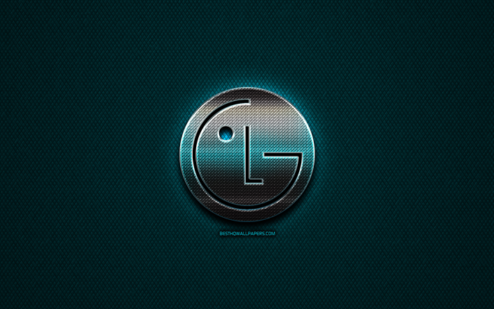 LG glitter logo, creative, blue metal background, LG logo, brands, LG