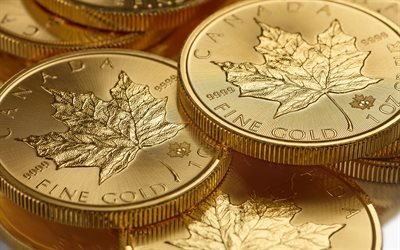 Canadian Gold Maple Leaf, guld bullion coin, guld mynt, canadian gold, 9999 millesimal finhalt, 24 karat mynt, Royal Canadian Mint, finansiering begrepp, guld