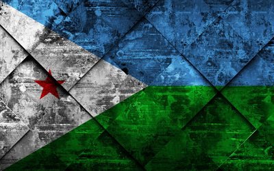 Cibuti bayrağı, 4k, grunge sanat, rhombus grunge doku, Cibuti bayrak, Afrika, Ulusal semboller, Cibuti, yaratıcı sanat