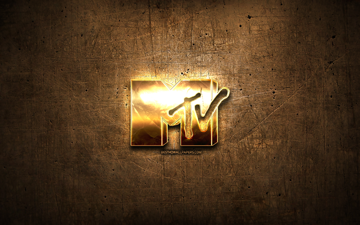 MTV golden logo, artwork, brown metal background, creative, MTV logo, brands, MTV