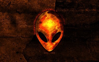 Alienware brinnande logotyp, orange sten bakgrund, Alienware, kreativa, Alienware-logotypen, varum&#228;rken