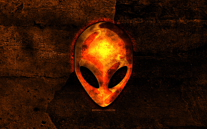 Alienware brinnande logotyp, orange sten bakgrund, Alienware, kreativa, Alienware-logotypen, varum&#228;rken