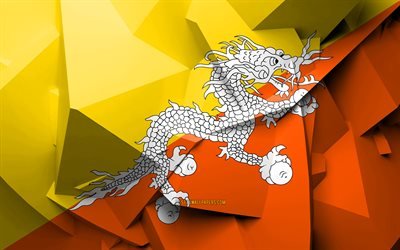 4k, Bhutanin lippu, geometrinen taide, Aasian maissa, luova, Bhutan, Aasiassa, Bhutan 3D flag, kansalliset symbolit
