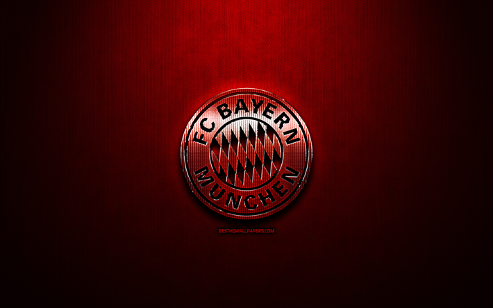 Bayern Munchen FC, red metal background, Bundesliga, german football club, fan art, Bayern Munchen logo, football, soccer, Bayern Munchen, Germany