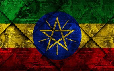 Etiyopya bayrağı, 4k, grunge sanat, rhombus grunge doku, Afrika, Ulusal semboller, Etiyopya, yaratıcı sanat