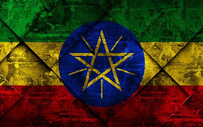 Bandiera dell&#39;Etiopia, 4k, grunge, arte, rombo grunge, texture, bandiera Etiopia, Africa, simboli nazionali, Etiopia, arte creativa