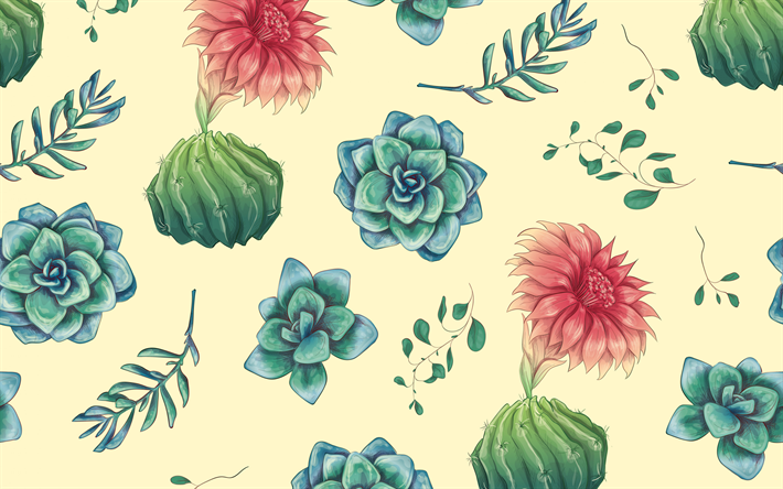 retro textura con cactus, flores de fondo, retro fondos, fondo con cactus, floral, la textura, el cactus de fondo