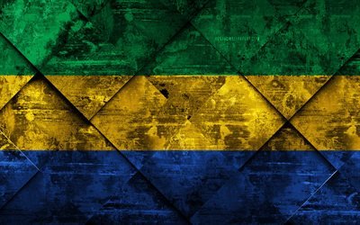 Gabon bayrağı, 4k, grunge tarzı, grunge doku, Gabon Gabon bayrağı, Afrika, Ulusal sembol, yaratıcı sanat rhombus