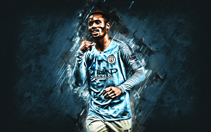 Gabriel Jesus, portrait, Brazilian soccer player, striker, Manchester City FC, Premier League, blue stone background